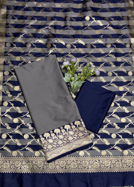 CKC 876 Banarasi Silk Grey With Navy Suit Fabric / CKC Banarasi Edit