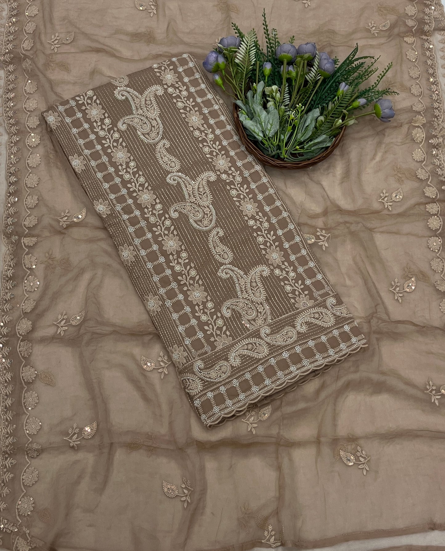755B Lakhnavi Georgette Beige-Brown Suit Fabric/ CKC Lakhnavi Suits