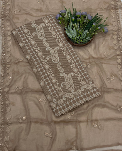 755B Lakhnavi Georgette Beige-Brown Suit Fabric/ CKC Lakhnavi Suits