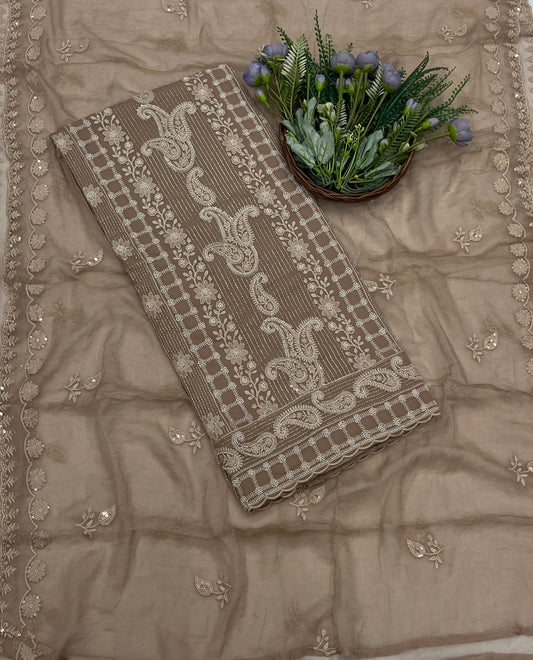755B Lakhnavi Georgette Beige-Brown Suit Fabric/ CKC Lakhnavi Suits