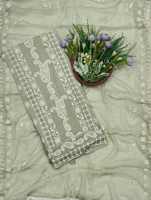 753B Lakhnavi Georgette Sage Green Suit Fabric/ CKC Lakhnavi Suits