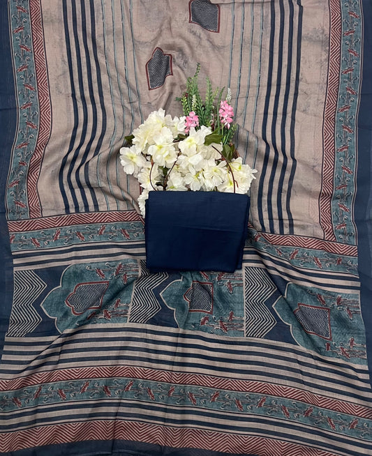 CKC 804 Cotton Beige With Peacock Blue Suit Fabric / CKC Cotton Bazaar