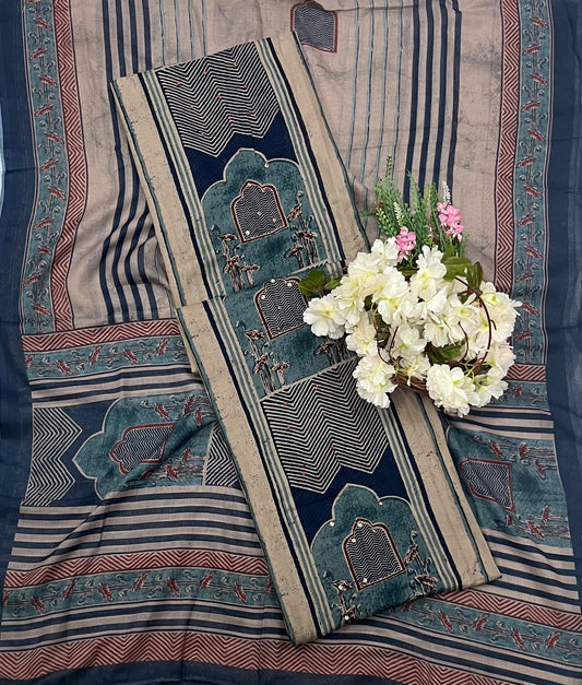 CKC 804 Cotton Beige With Peacock Blue Suit Fabric / CKC Cotton Bazaar