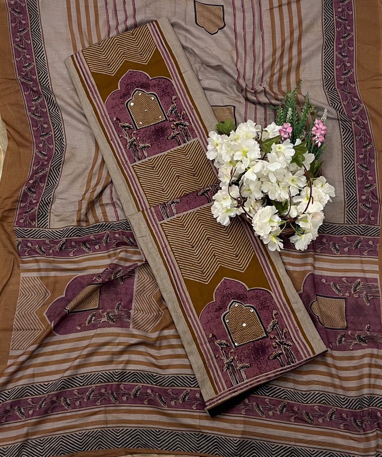 CKC 801 Cotton Beige With Dark Mustard Suit Fabric / CKC Cotton Bazaar
