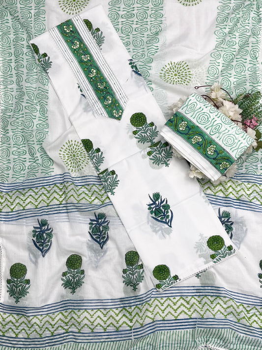 CKC 18 Cotton White With Green Suit Fabric / CKC Cotton Bazaar