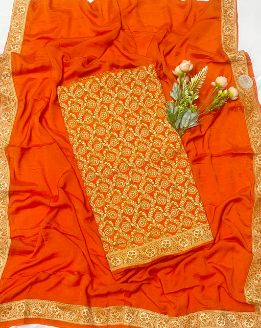 Pure Khaddi Georgette Orange Suit Fabric / Banarasi Baithak