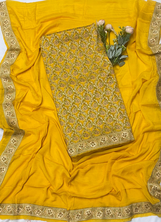 Pure Khaddi Georgette Yellow Suit Fabric / Banarasi Baithak