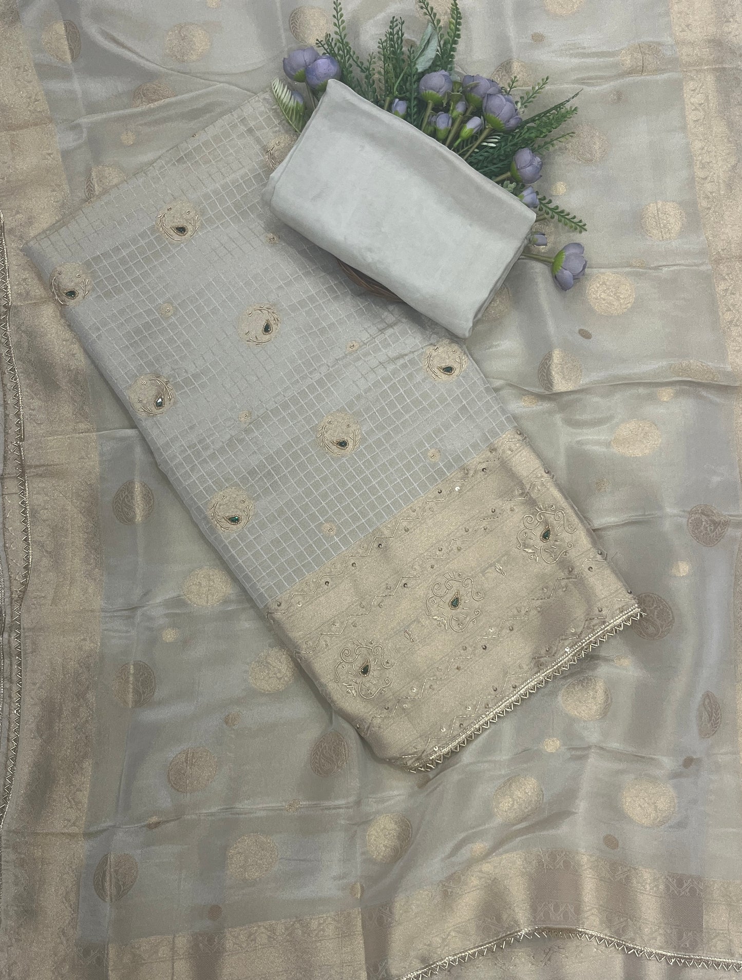 847B Shimmer Banarasi Silver-Grey Suit Fabric/ CKC Banarasi Edit