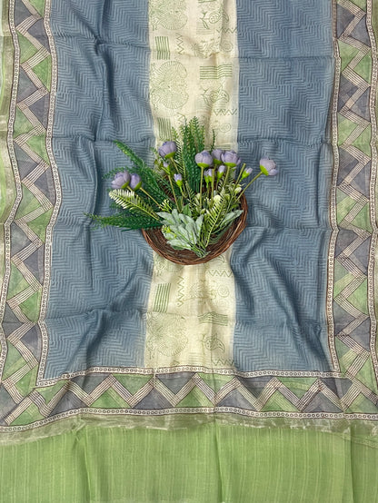 853B Pure Mul Cotton Beige With Sea Green Suit Fabric / CKC Mul Cotton