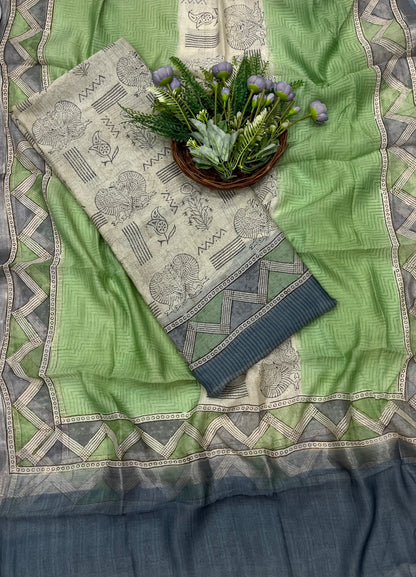 856B Pure Mul Cotton Beige With Min Green Suit Fabric / CKC Mul Cotton