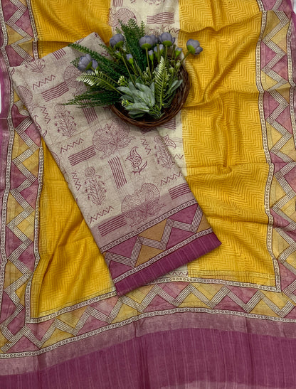 855B Pure Mul Cotton Beige With Pink Suit Fabric / CKC Mul Cotton