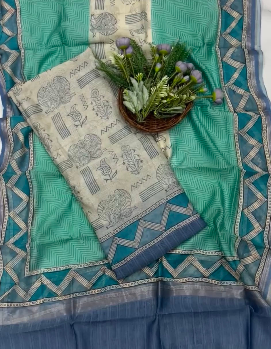 854B Pure Mul Cotton Beige With Blue Suit Fabric / CKC Mul Cotton