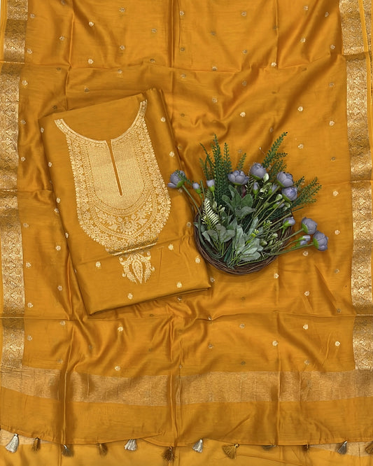 917B Pure Maheshwari Mustard Yellow Suit Fabric / CKC Maheshwari Suits