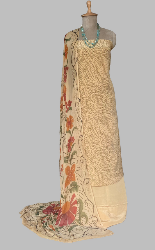 Crepe Dark Beige Suit Fabric/ Phoolon Ka Ghar