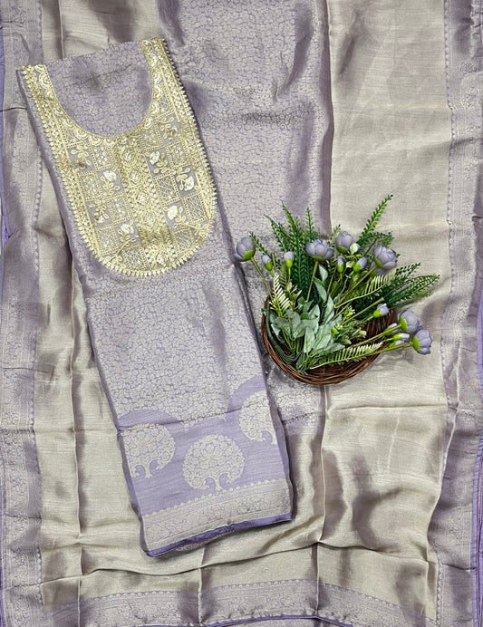 941B Soft Brocade lavender Gray Suit Fabric / CKC Banarasi Edit