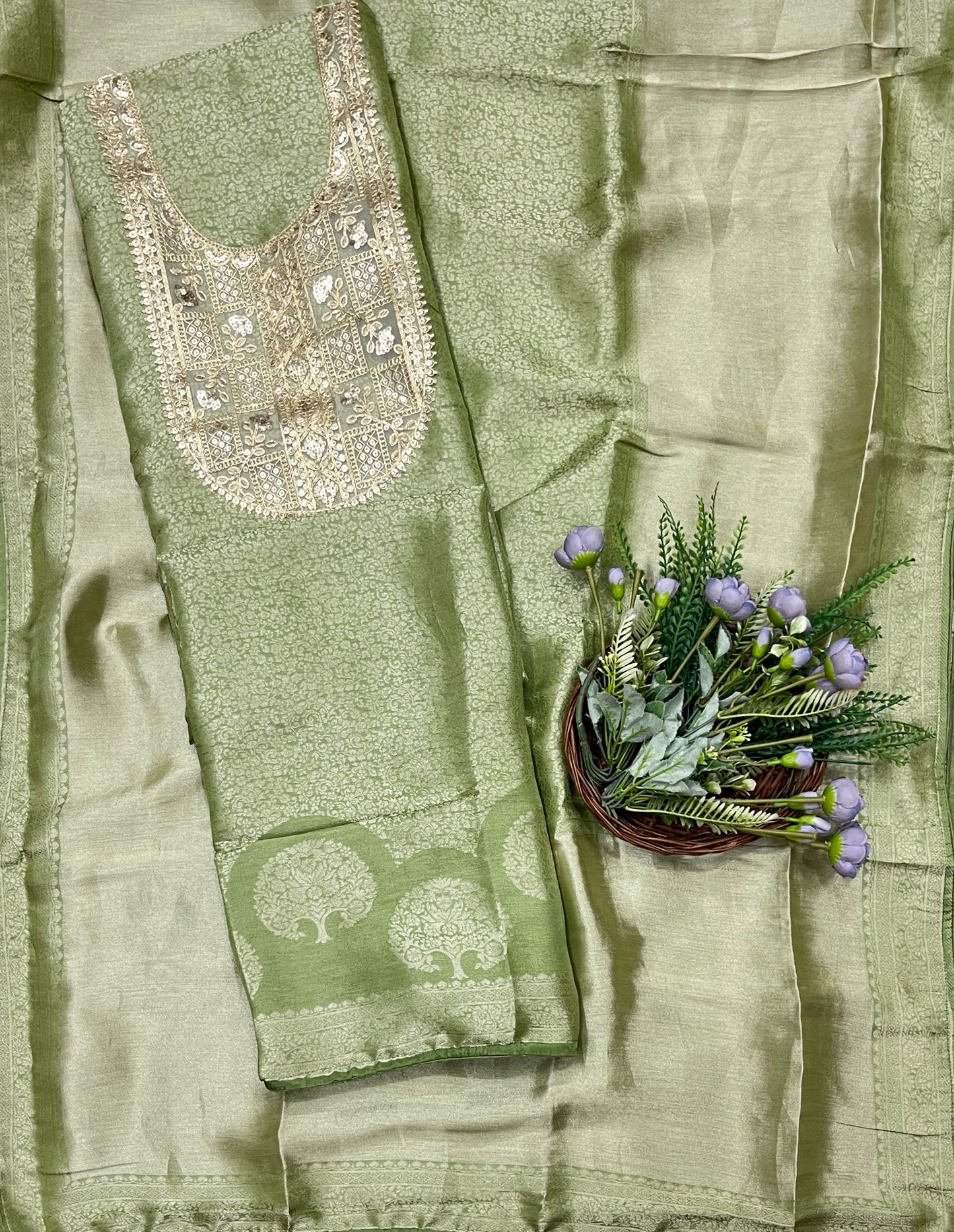 947B Soft Brocade Pista Green Suit Fabric / CKC Banarasi Edit