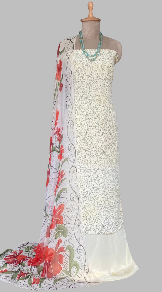 Crepe Off White Suit Fabric/ Phoolon Ka Ghar