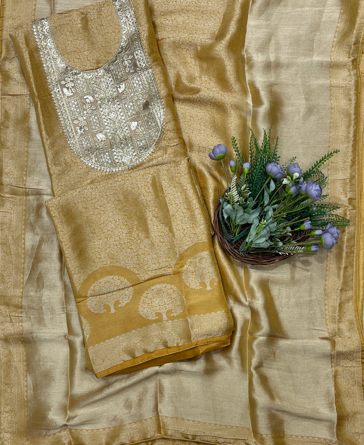 945B Soft Brocade  Mustard Yellow Suit Fabric / CKC Banarasi Edit