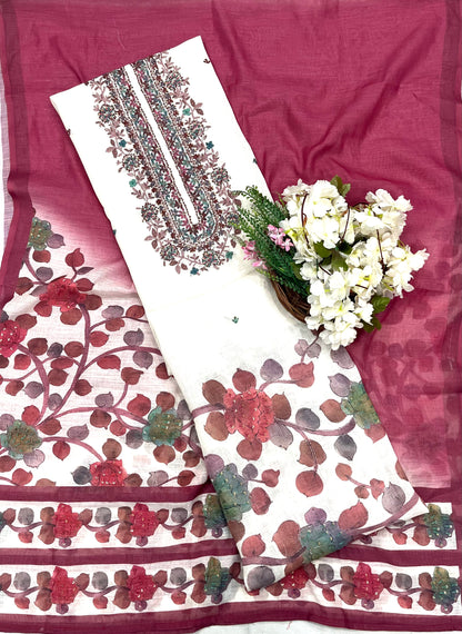 966 Jamdani Off White With Pink Suit Fabric / CKC Jamdani Suits