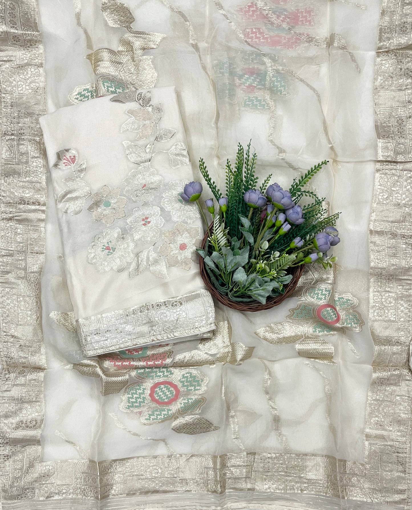 955B Banarasi Silk Off-White Suit Fabric / CKC Banarasi Edit