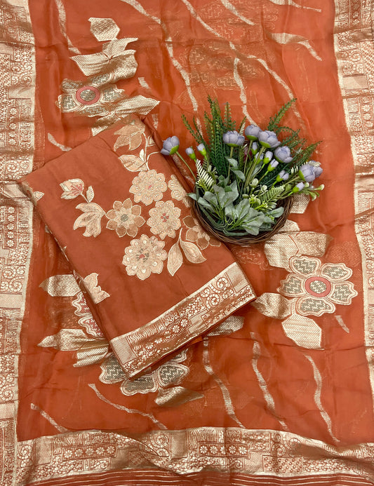 956B Banarasi Silk Rust Orange Suit Fabric / CKC Banarasi Edit