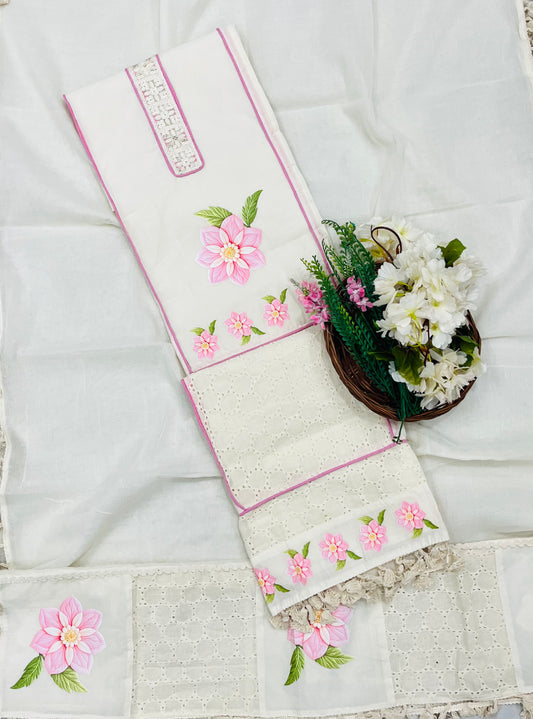 997 Cotton White With Pink Suit Fabric / CKC Cotton Bazaar