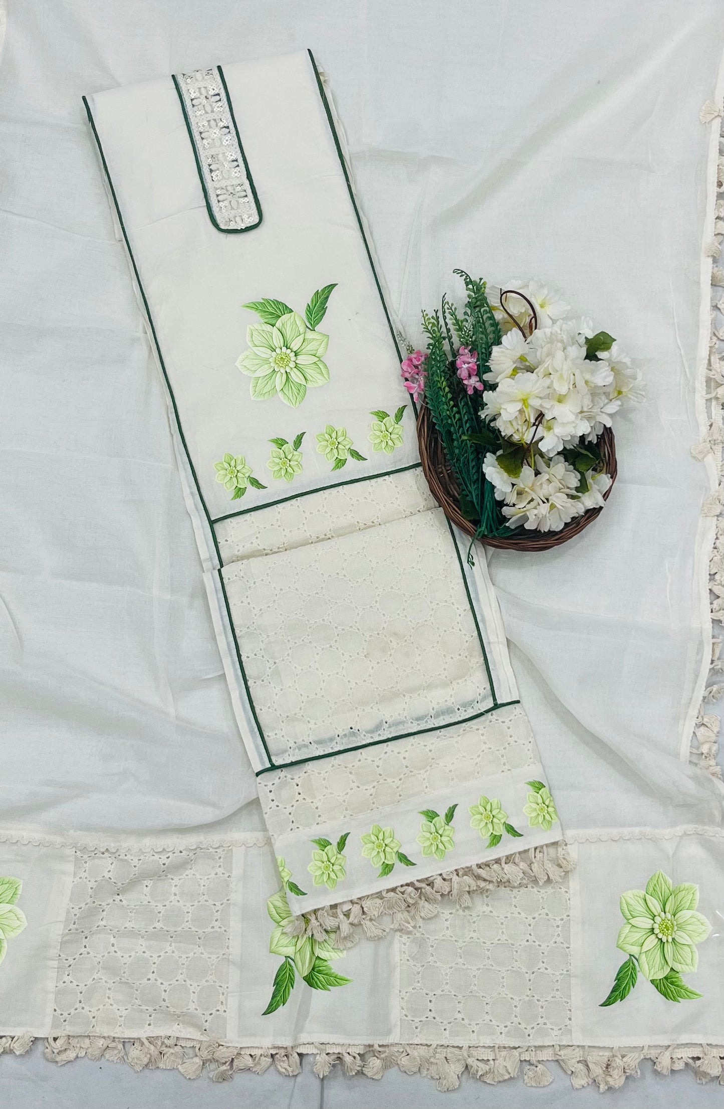 995 Cotton White With Green Suit Fabric / CKC Cotton Bazaar