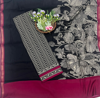 47C Maheshwari Black With Majenta Suit Fabric / CKC Maheshwari Suits