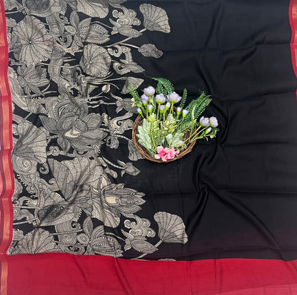 48C Maheshwari Black With Red  Suit Fabric / CKC Maheshwari Suits
