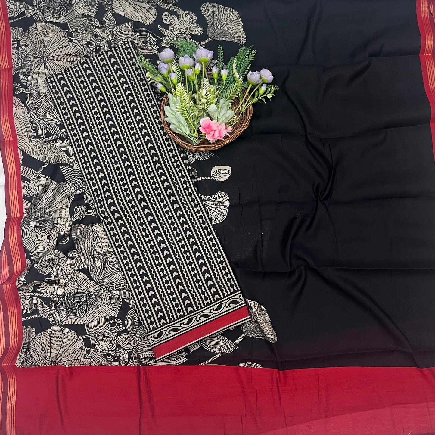 48C Maheshwari Black With Red  Suit Fabric / CKC Maheshwari Suits