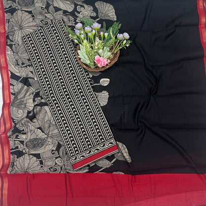 48C Maheshwari Black With Red  Suit Fabric / CKC Maheshwari Suits