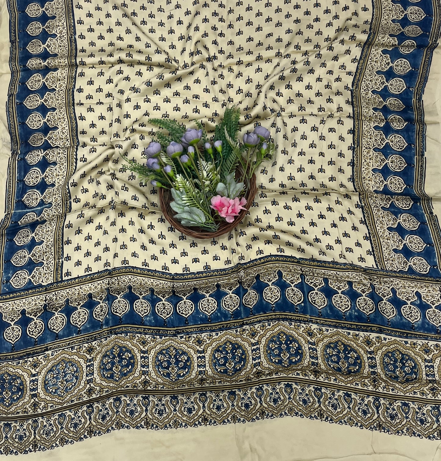 50C Jaipuri Modal Cream With Teal Blue Suit Fabric / CKC Jaipuri Suits
