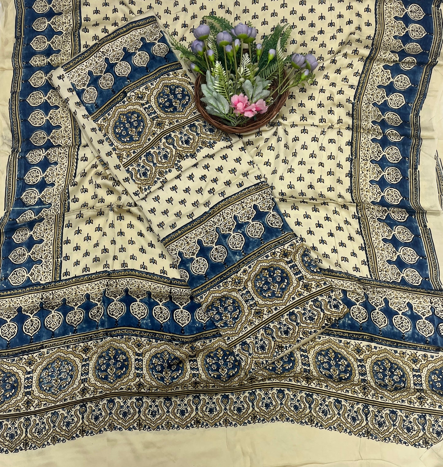 50C Jaipuri Modal Cream With Teal Blue Suit Fabric / CKC Jaipuri Suits