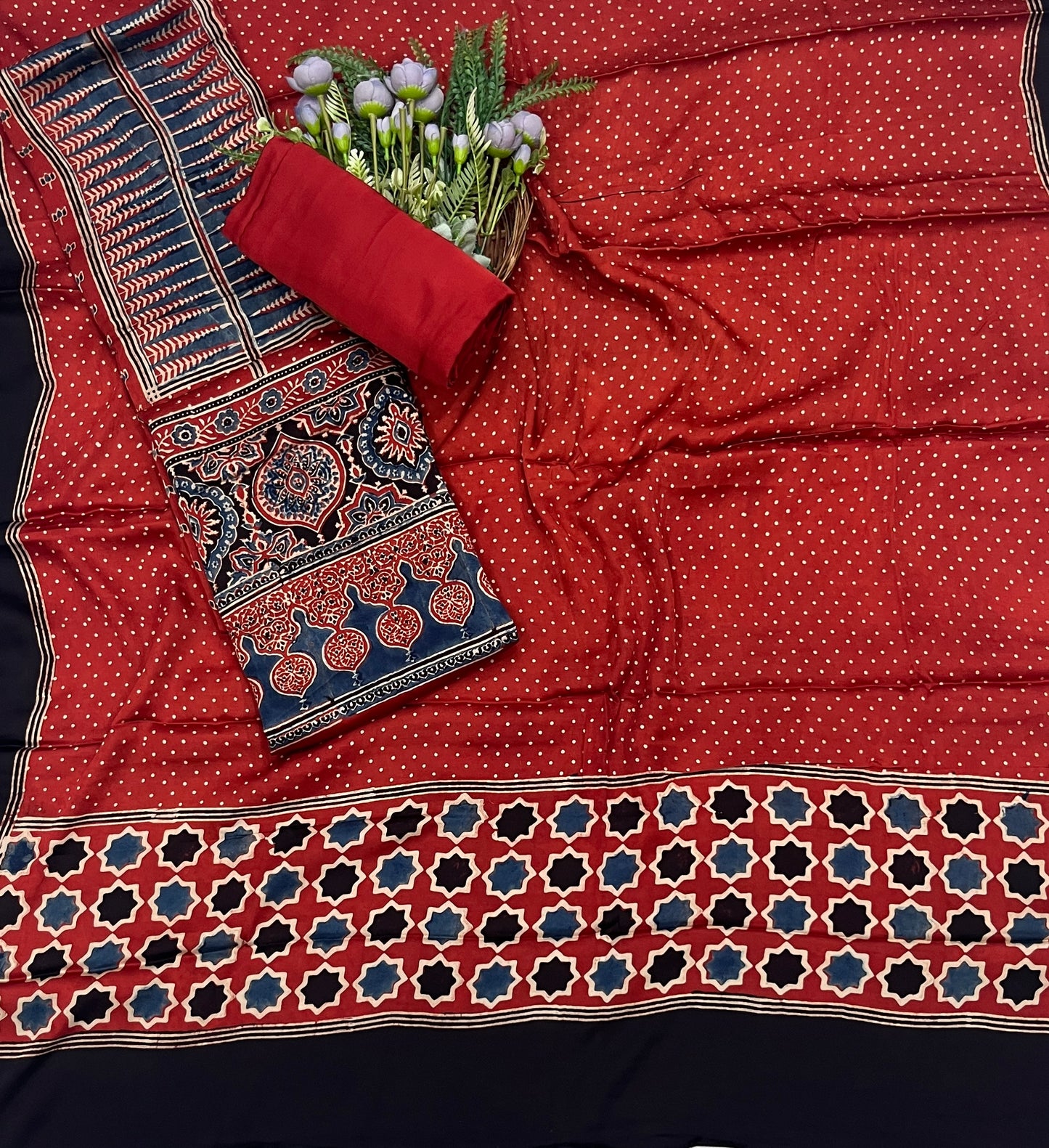 53C Jaipuri Modal Red With Blue Suit Fabric / CKC Jaipuri Suits