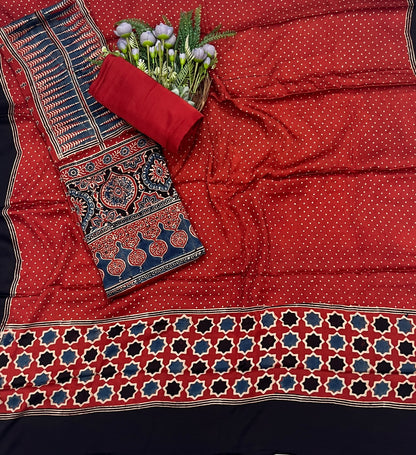 53C Jaipuri Modal Red With Blue Suit Fabric / CKC Jaipuri Suits