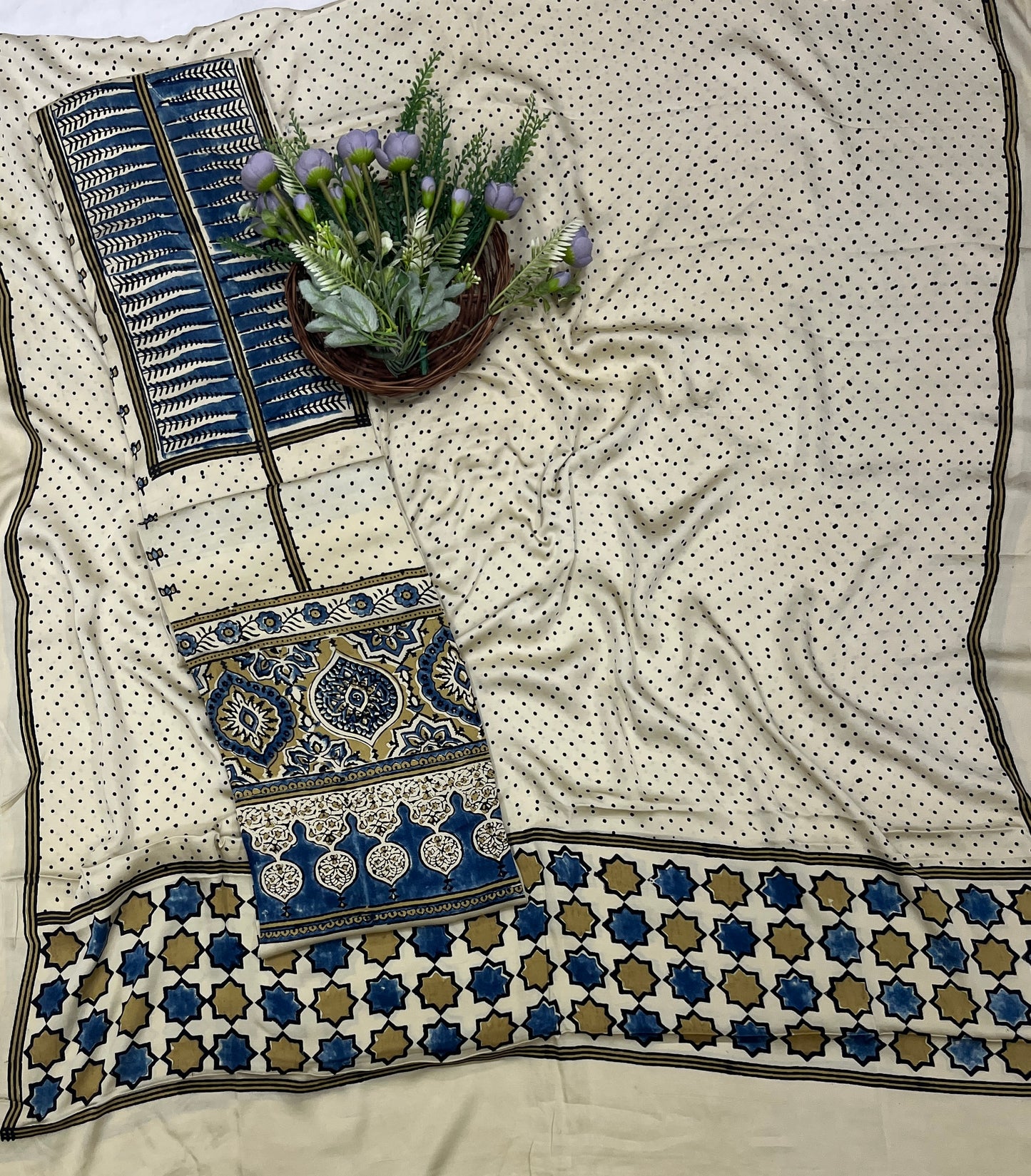 54C Jaipuri Modal Cream With Blue Suit Fabric / CKC Jaipuri Suits