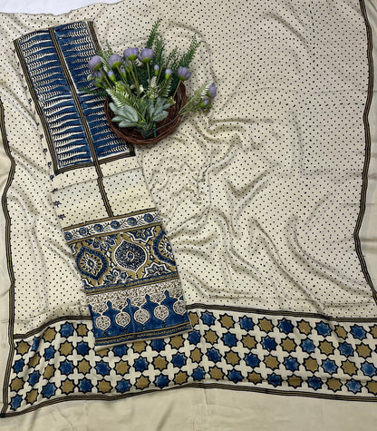 54C Jaipuri Modal Cream With Blue Suit Fabric / CKC Jaipuri Suits