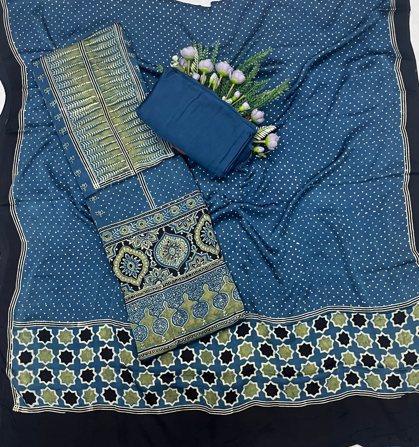 56C Jaipuri Modal Blue With Green Suit Fabric / CKC Jaipuri Suits