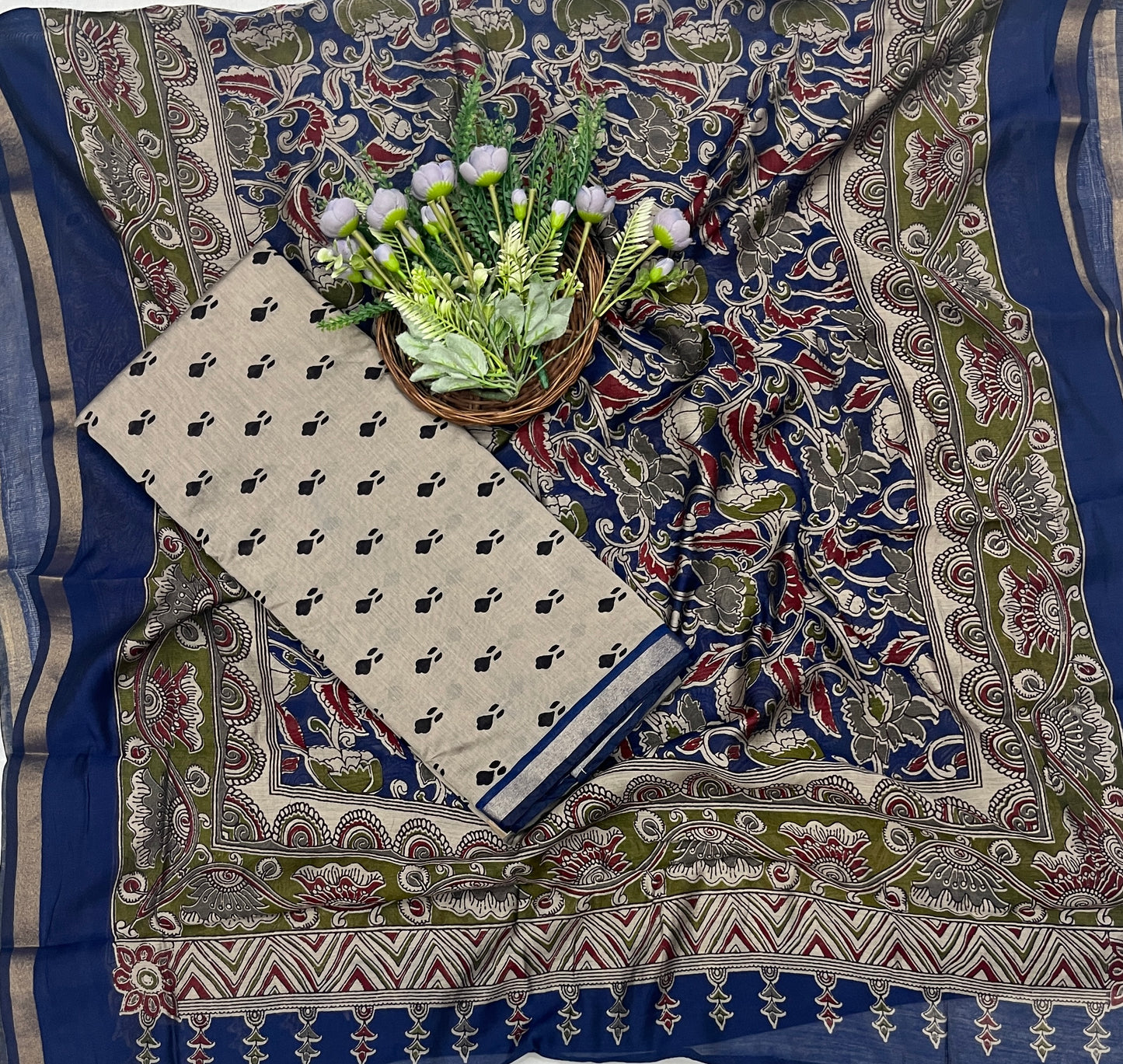 46C Maheshwari Beige With Blue Suit Fabric / CKC Maheshwari Suits