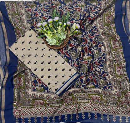 46C Maheshwari Beige With Blue Suit Fabric / CKC Maheshwari Suits
