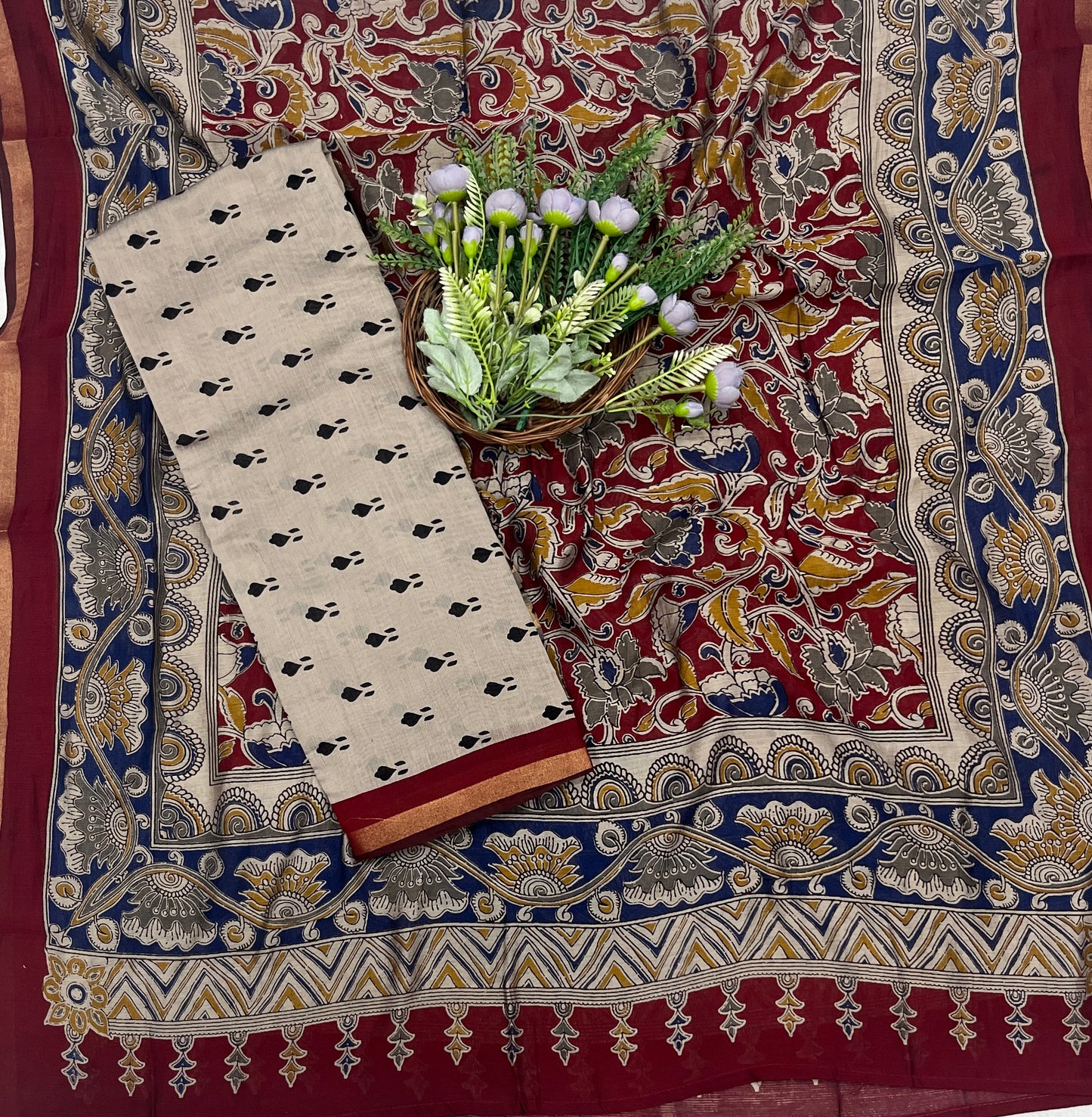 45C Maheshwari Beige With Red Suit Fabric / CKC Maheshwari Suits