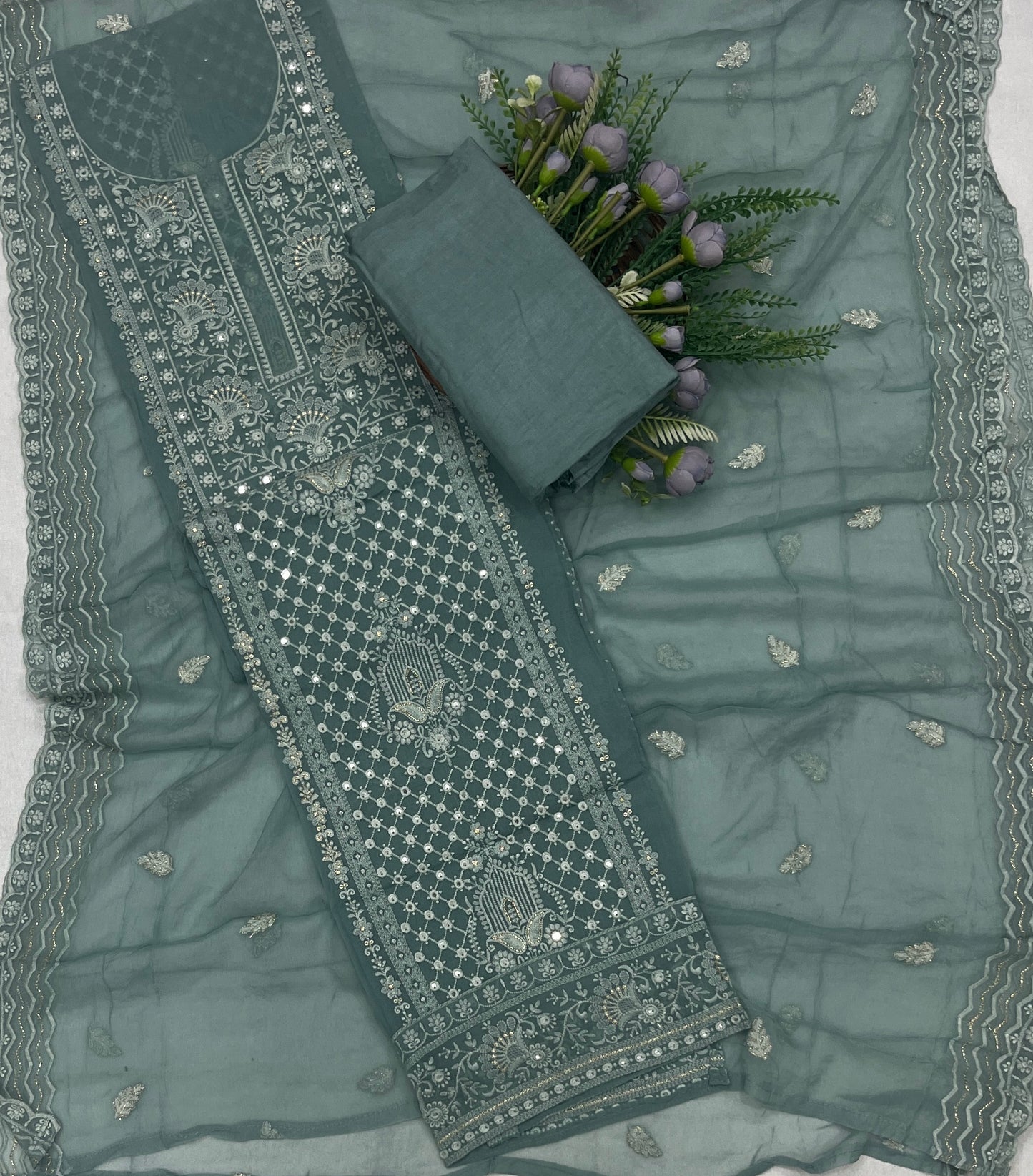 62C Lakhnavi Georgette Dark Sea Green Suit Fabric/ CKC Lakhnavi Suits