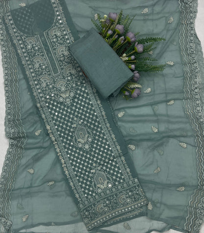 62C Lakhnavi Georgette Dark Sea Green Suit Fabric/ CKC Lakhnavi Suits