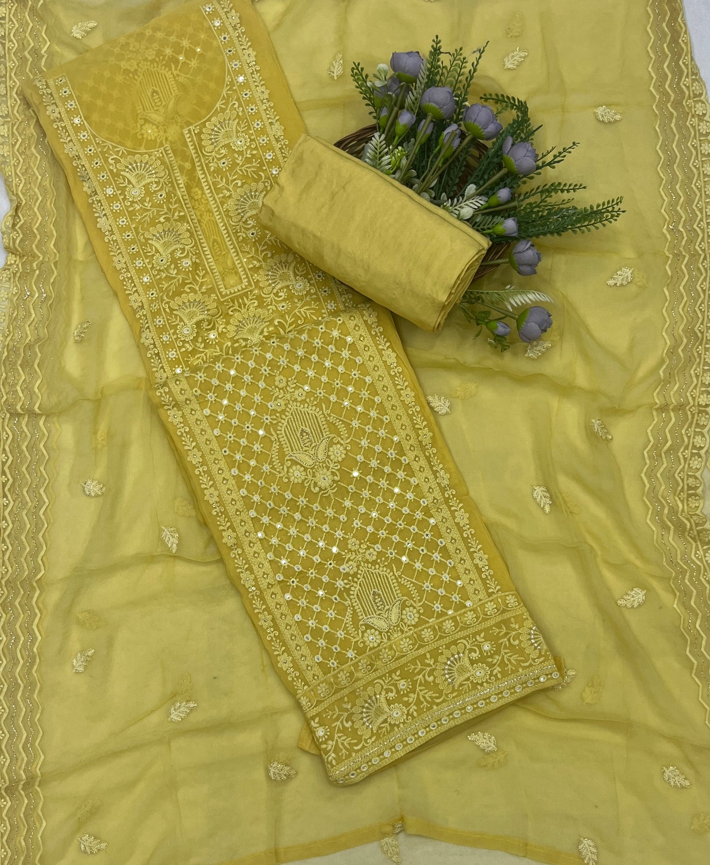 61C Lakhnavi Georgette Yellow  Suit Fabric/ CKC Lakhnavi Suits