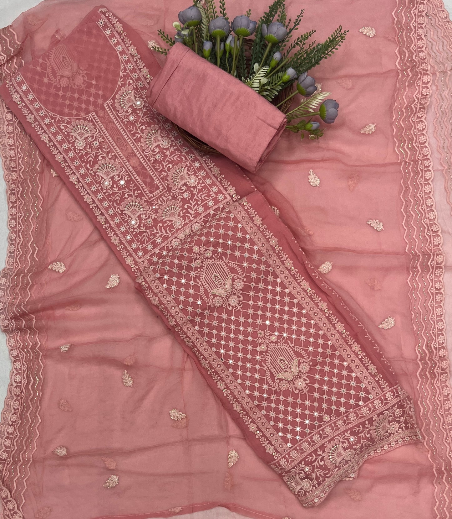 60C Lakhnavi Georgette Pink Suit Fabric/ CKC Lakhnavi Suits