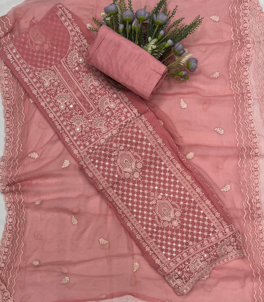 60C Lakhnavi Georgette Pink Suit Fabric/ CKC Lakhnavi Suits