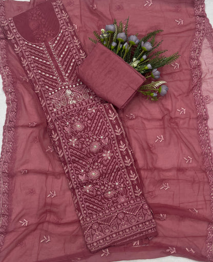 58C Lakhnavi Georgette Dark Gajri Pink Suit Fabric/ CKC Lakhnavi Suits