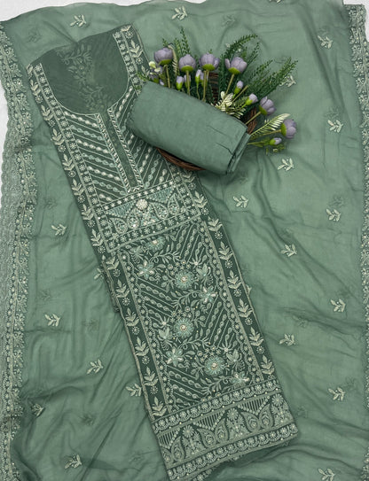 57C Lakhnavi Georgette Dark Sea Green Suit Fabric/ CKC Lakhnavi Suits