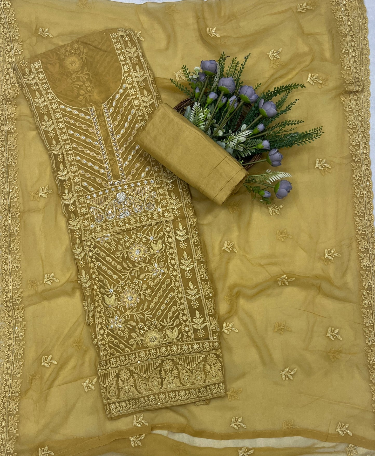 59C Lakhnavi Georgette Mustard Suit Fabric/ CKC Lakhnavi Suits