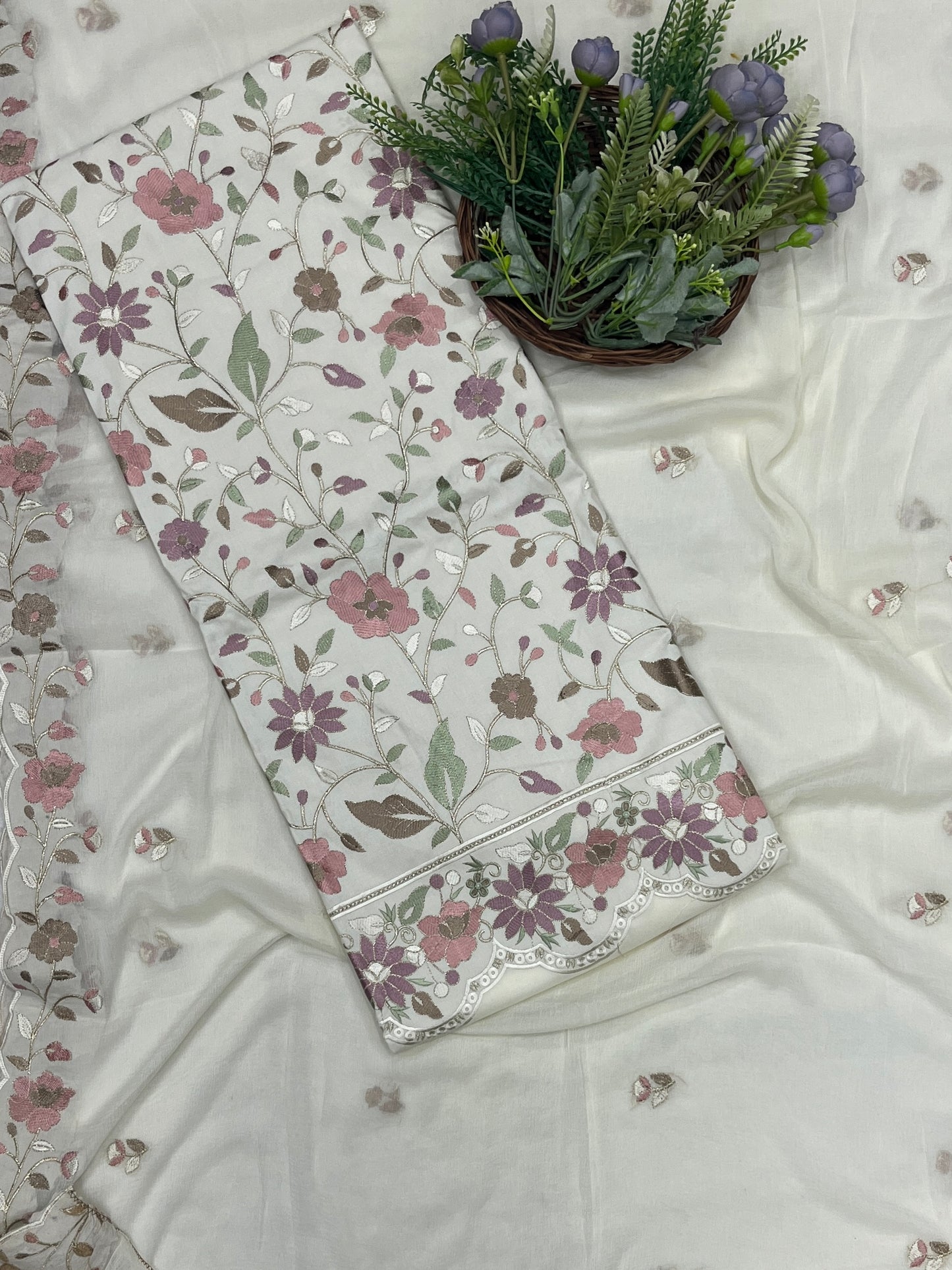 87C Rayon Aari Cream Suit Fabric / CKC Cotton Bazaar